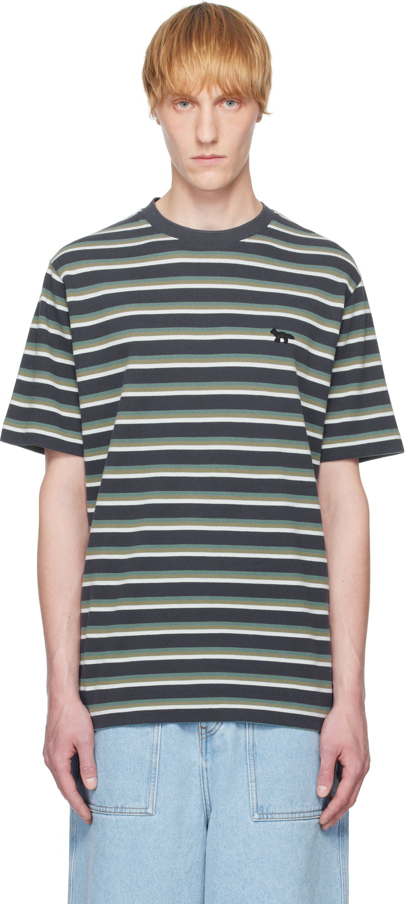 Футболка MAISON KITSUNÉ Kitsuné Profile Fox Patch Striped T-Shirt Сірий | OM00103KJ7010