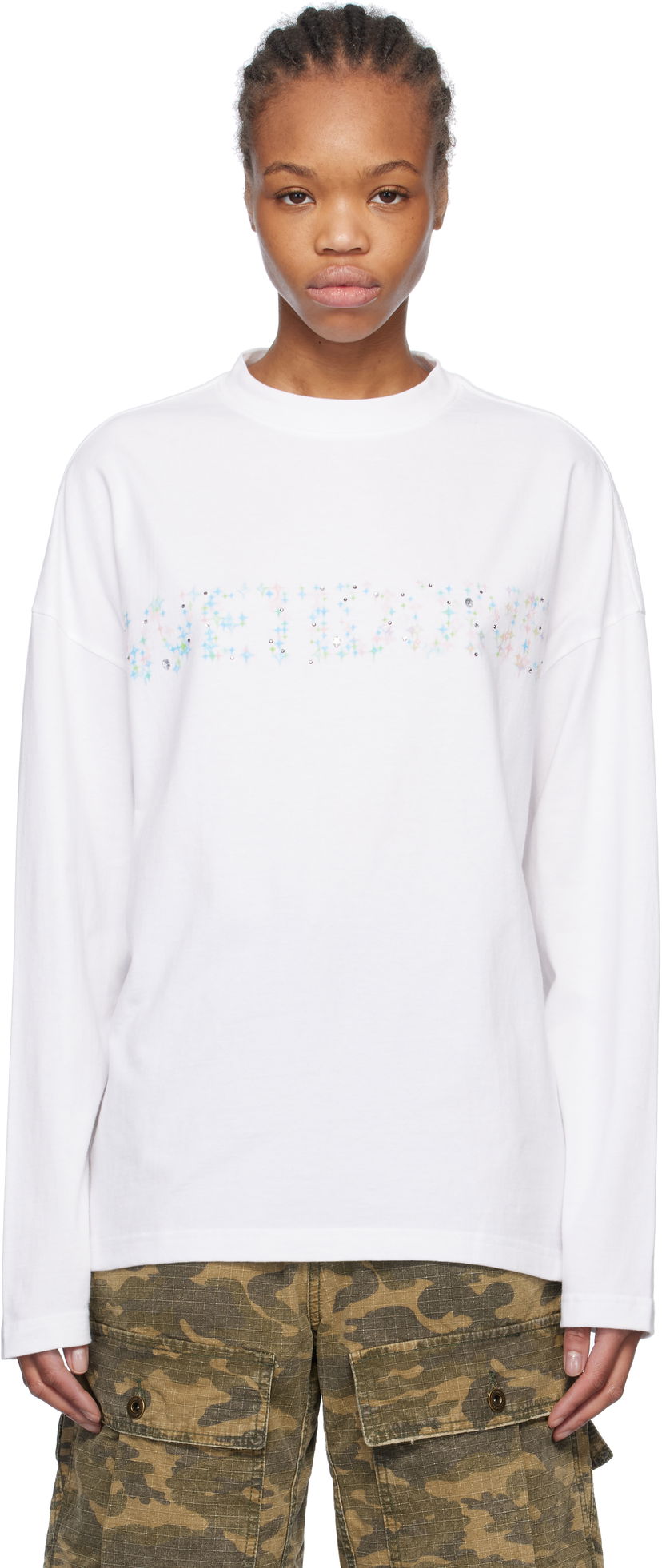 Футболка We11done We11done Sparkle Logo Long Sleeve T-Shirt білий | WD-TT0-25-742-U-WH