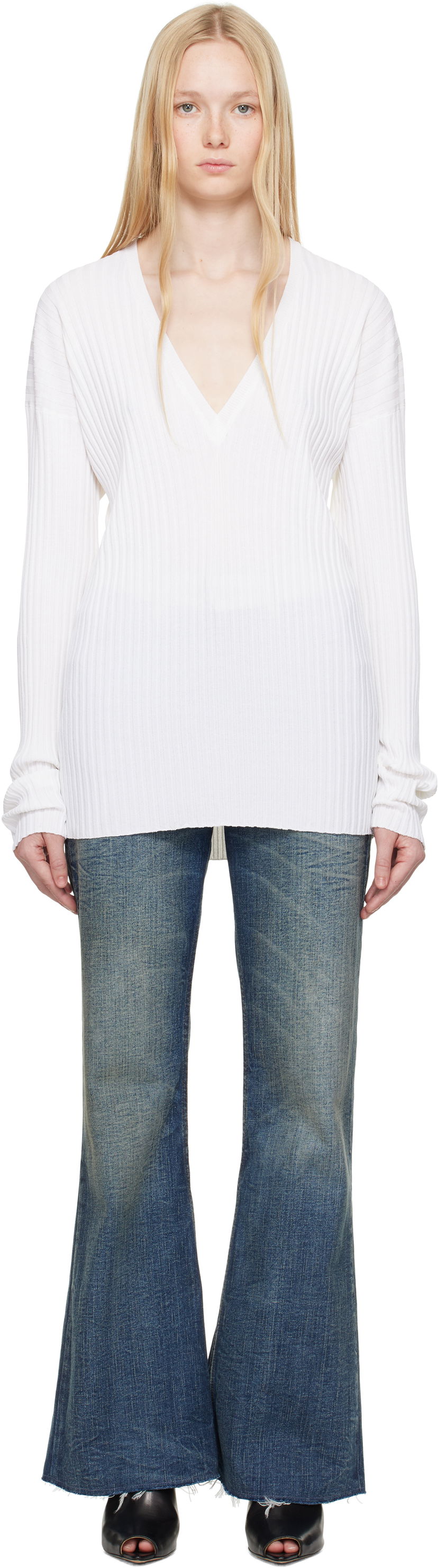 Cветр Maison Margiela MM6 Maison Margiela Slouchy Ribbed V-Neck Sweater білий | S62DA0050 M13125