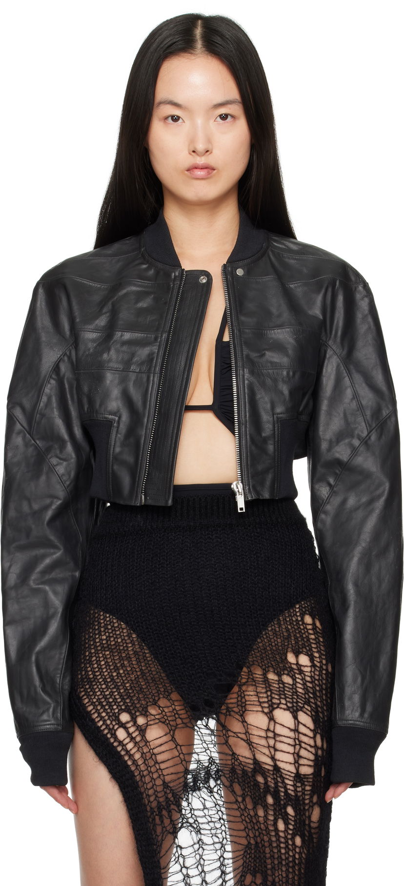 Куртка бомбер Rick Owens Rick Owens Hollywood Girdered Cropped Leather Bomber Jacket чорний | RP01E7713 LTP