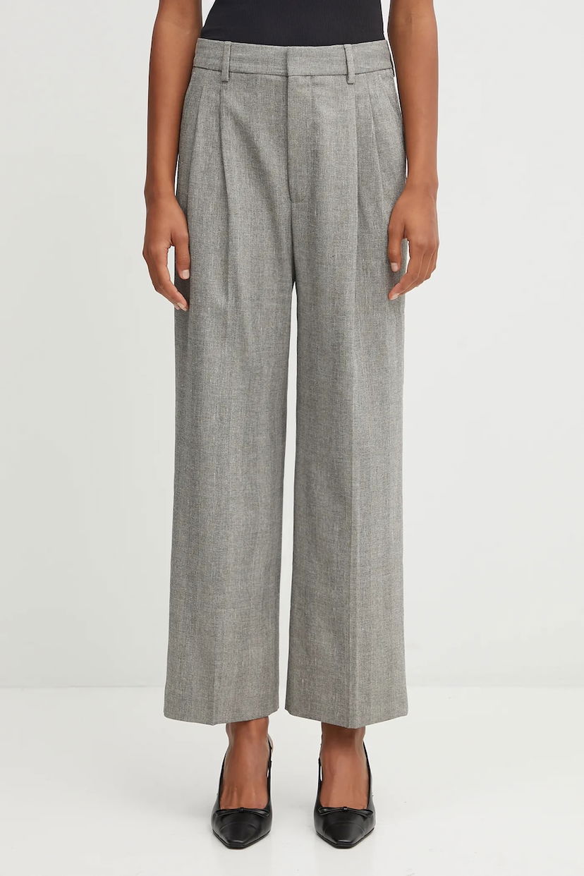 Штани Anine Bing Anine Bing belen High Waist Linen Blend Pleated Wide-Leg Trousers Сірий | A.03.11218