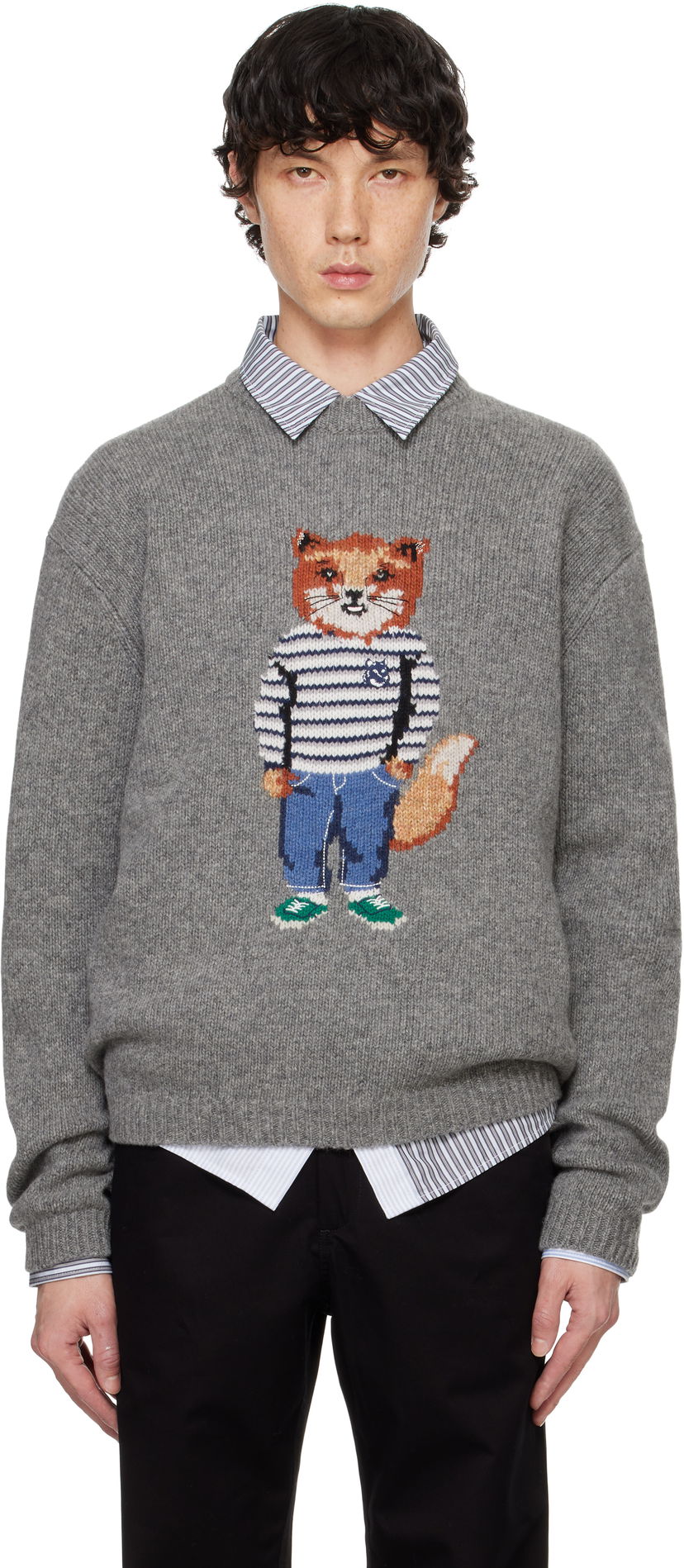Cветр MAISON KITSUNÉ Dressed Fox Intarsia Sweater Сірий | NM00809KH0002