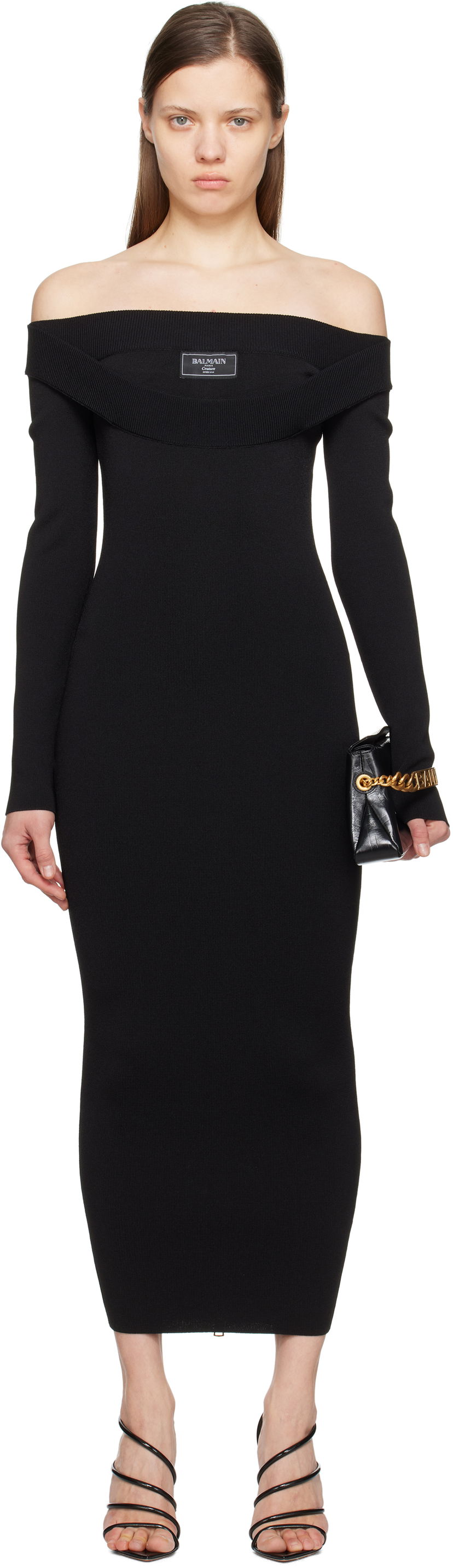 плаття Balmain Balmain Plain Knit Off-The-Shoulder Maxi Dress чорний | EF1RL109KH82