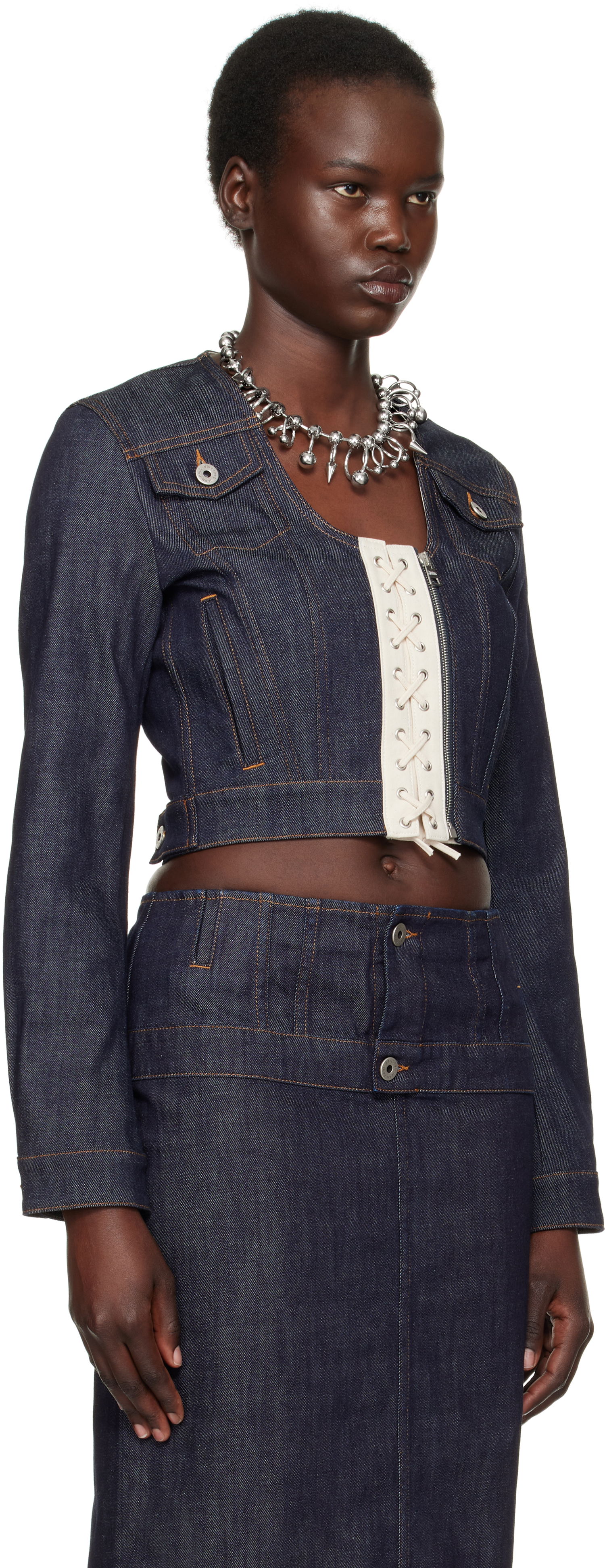 Куртка Jean Paul Gaultier Jean Paul Gaultier 'The Contrasting Lace-Up' Cropped Denim Jacket Синій | 25/33-F-VE085-D019-5568, 1