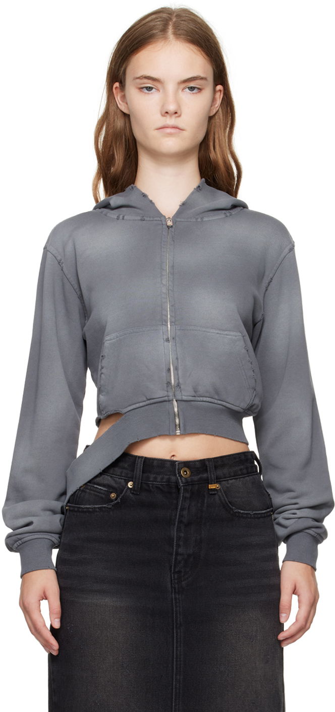 Світшоти We11done We11done Distressed Zip-Up Cropped Hoodie Сірий | WD-TJ2-24-808-W-CH