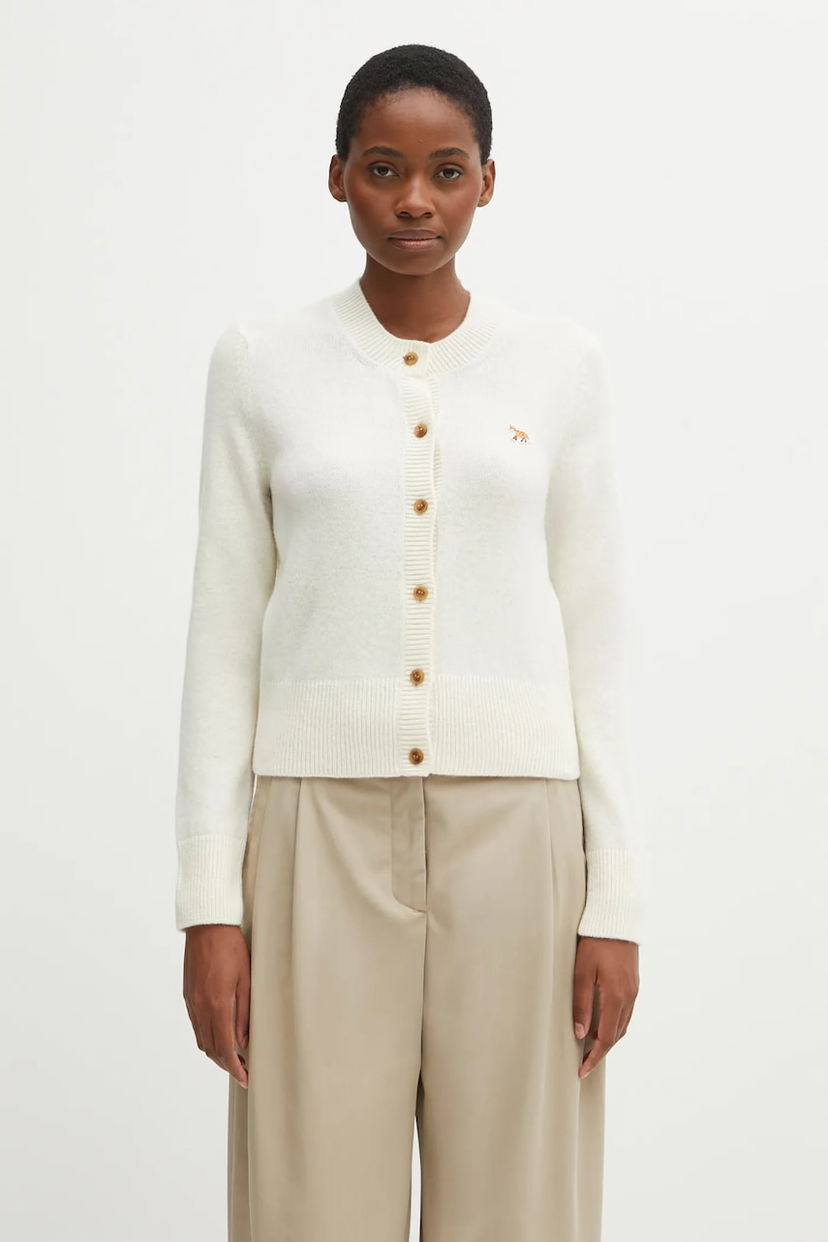 Cветр MAISON KITSUNÉ Fitted Lambswool Round-Neck Cardigan with Baby Fox Embroidery білий | PW00506KT1006