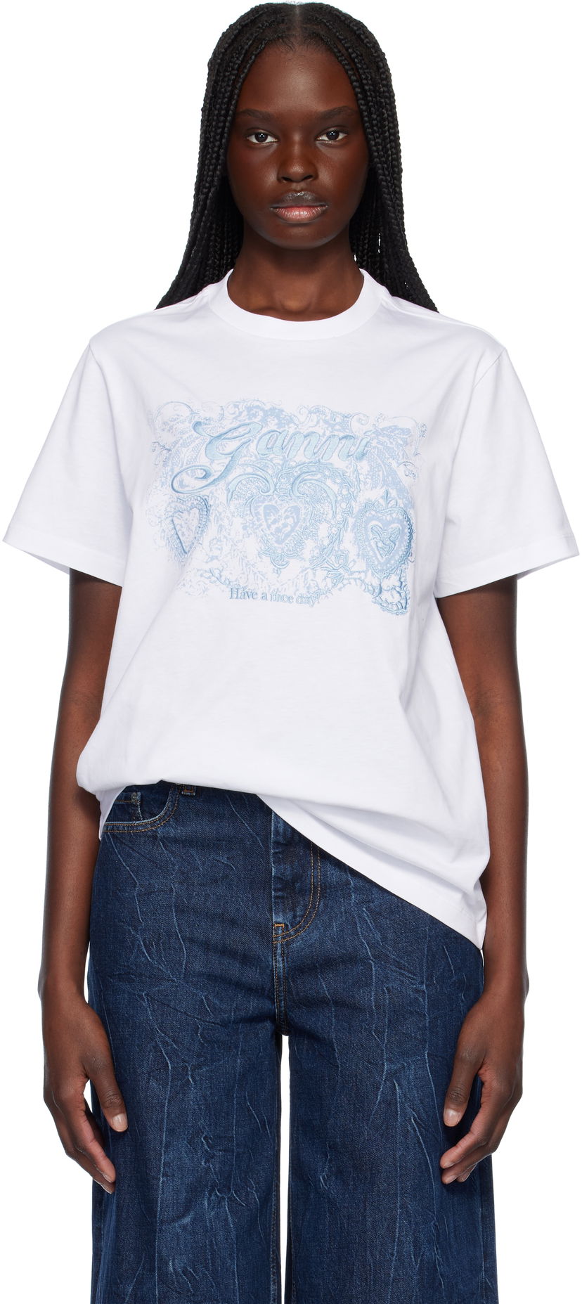 Футболка GANNI GANNI Jersey Tattoo Lace T-Shirt білий | T4158