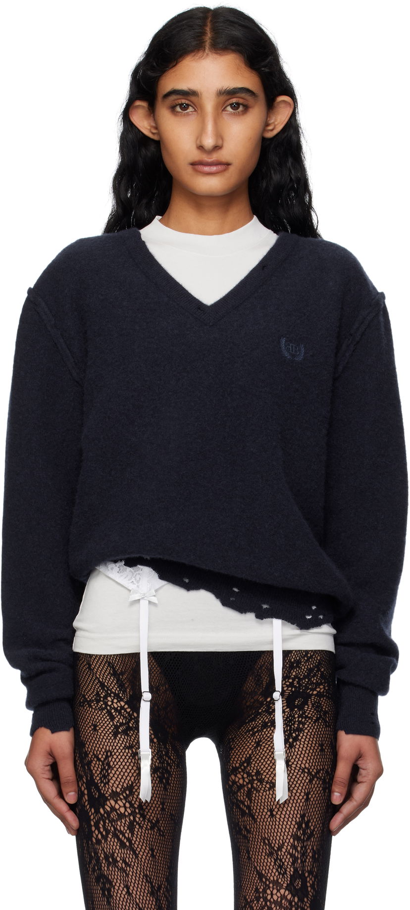 Cветр Balenciaga Balenciaga Laurel Classic Inside-Out V-Neck Sweater темно-синій | 828163T4149