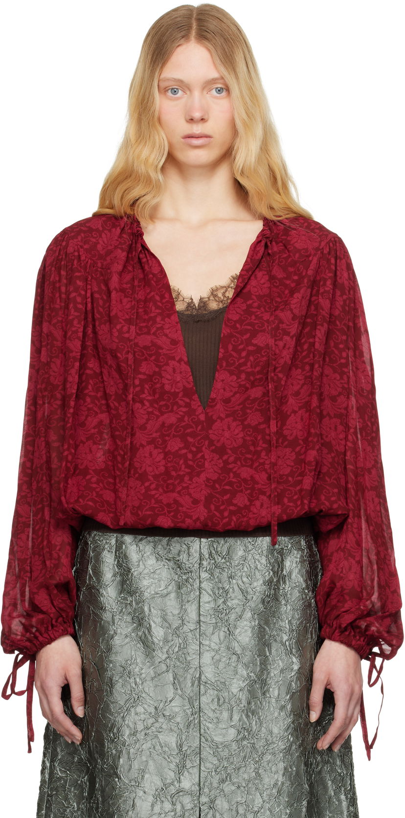 Сорочка Dries Van Noten Dries Van Noten Floral Print Tie Neck Blouse Червоний | 251-010711-1011
