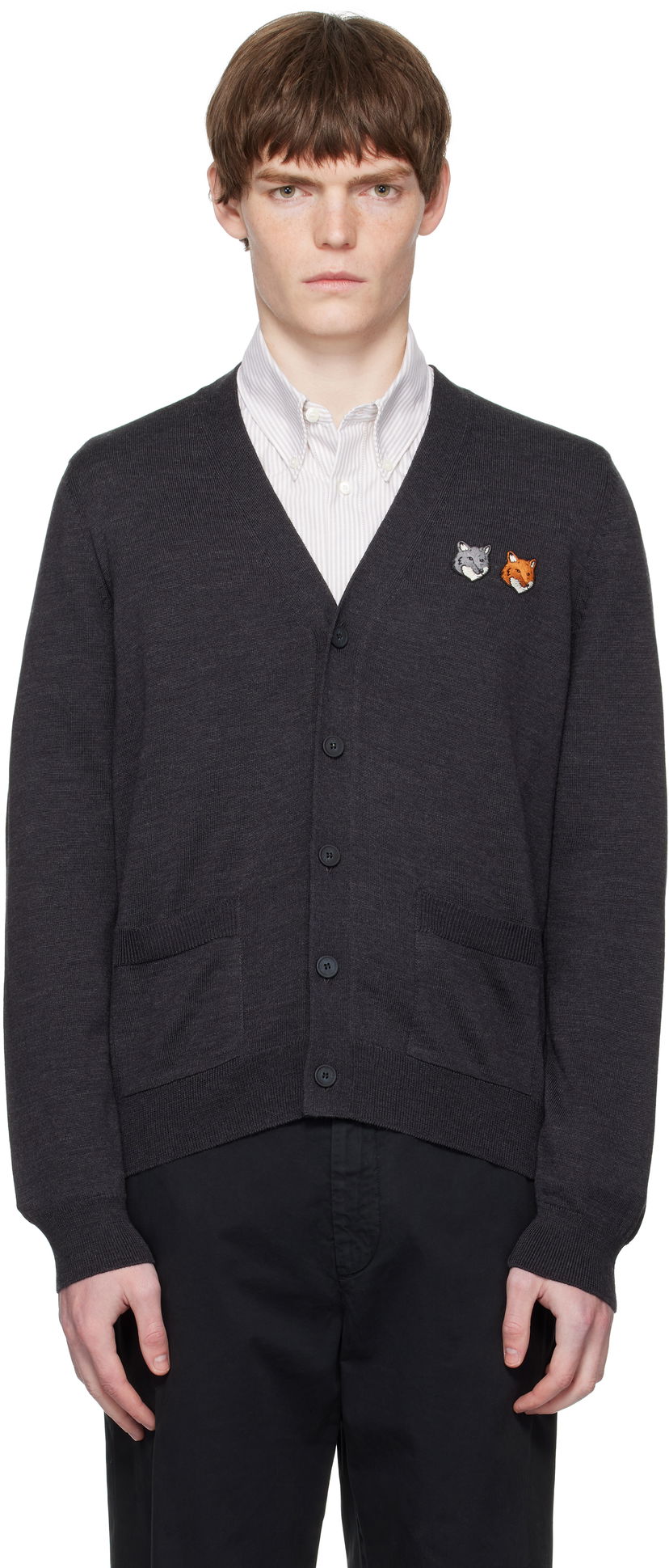 Cветр MAISON KITSUNÉ Double Bold Fox Head Patch Regular Cardigan Сірий | OM051CFKT1036
