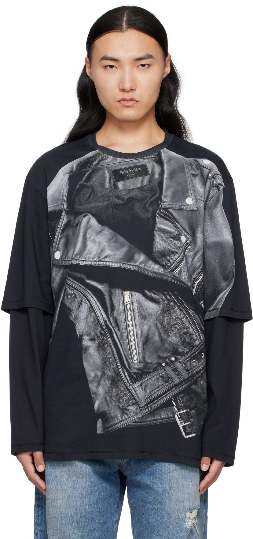 Футболка Balmain Balmain Long Sleeve Biker Jacket Graphic T-Shirt чорний | EH1EM016GE40