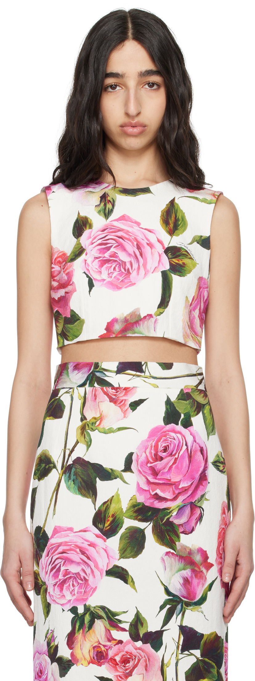 Кроп-топи Dolce & Gabbana Dolce&Gabbana Rose-Print Cotton Jacquard Crop Top білий | F7AO5T FSRQJ