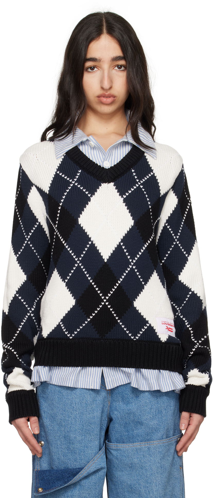 Cветр Charles Jeffrey Loverboy Charles Jeffrey LOVERBOY Argyle V-Neck Sweater темно-синій | 54091501