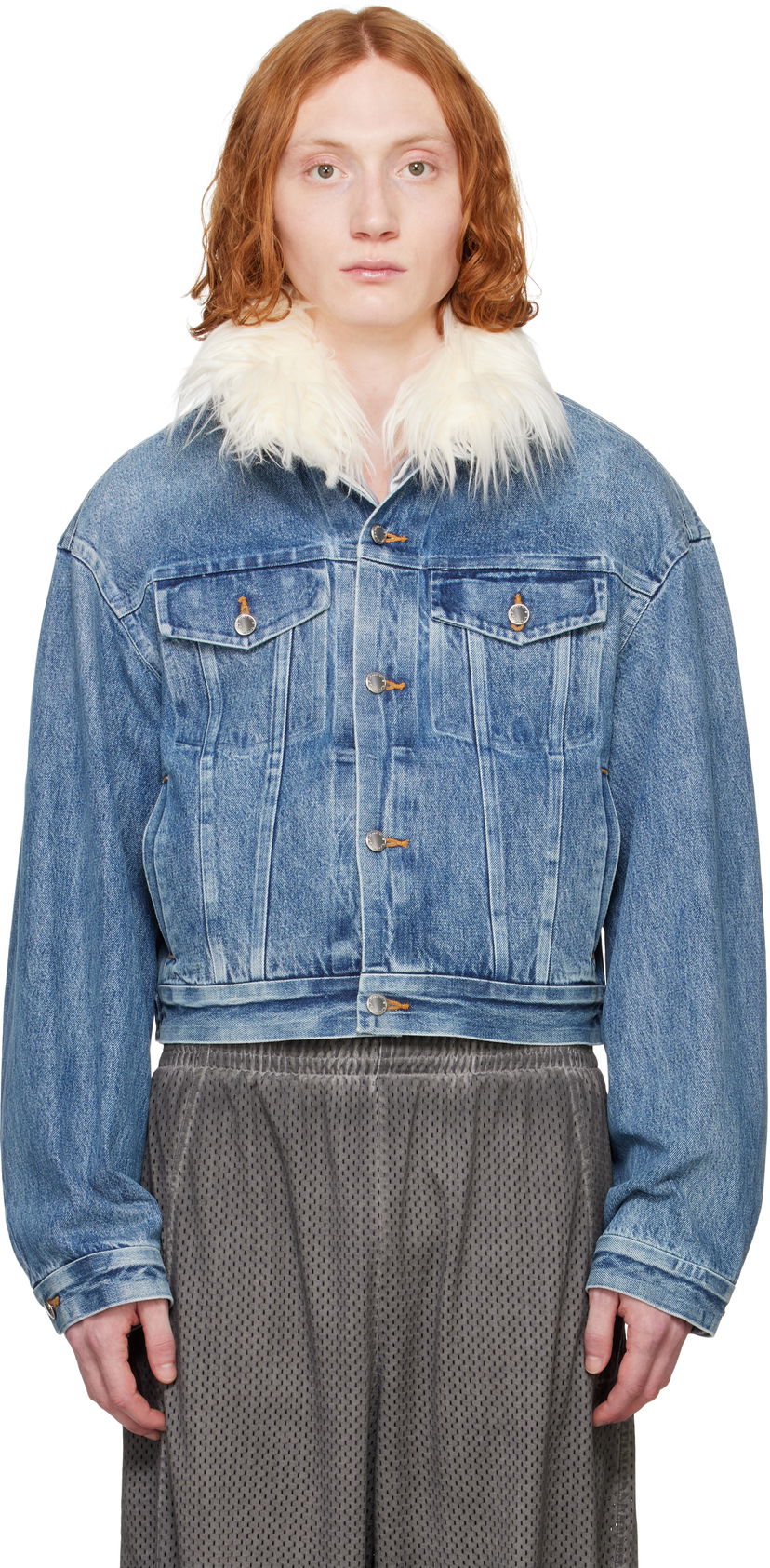Куртка Alexander Wang Alexander Wang Rounded Trucker Denim Jacket with Faux Fur Collar Синій | 6WC1252066