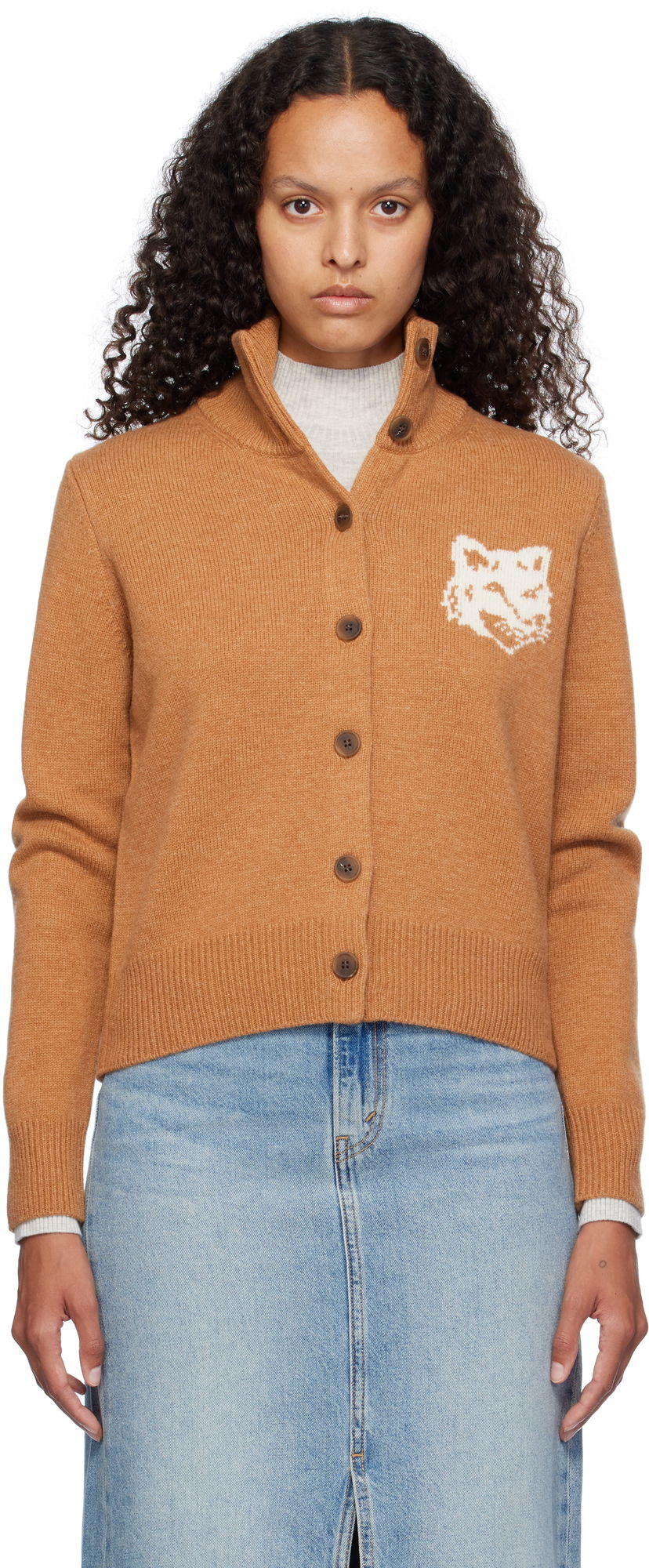 Cветр MAISON KITSUNÉ Fox Head Intarsia High Neck Cardigan Помаранчевий | NW00509KM0329