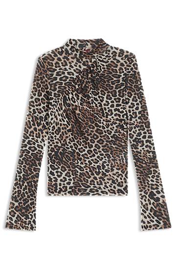 Сорочка BOSS Leopard Print Rollneck Top with Gathered Detail Коричневий | 50546248