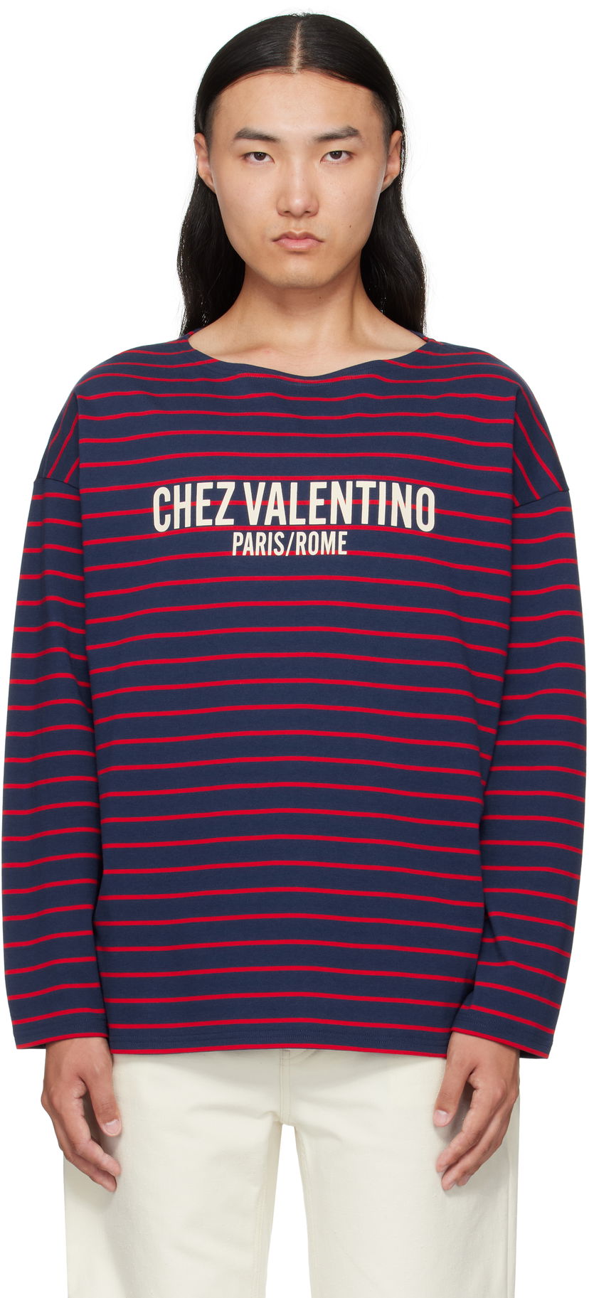 Футболка Valentino Valentino 'Chez Valentino' Print Long Sleeve T-Shirt темно-синій | 7V3MG16RAYJ