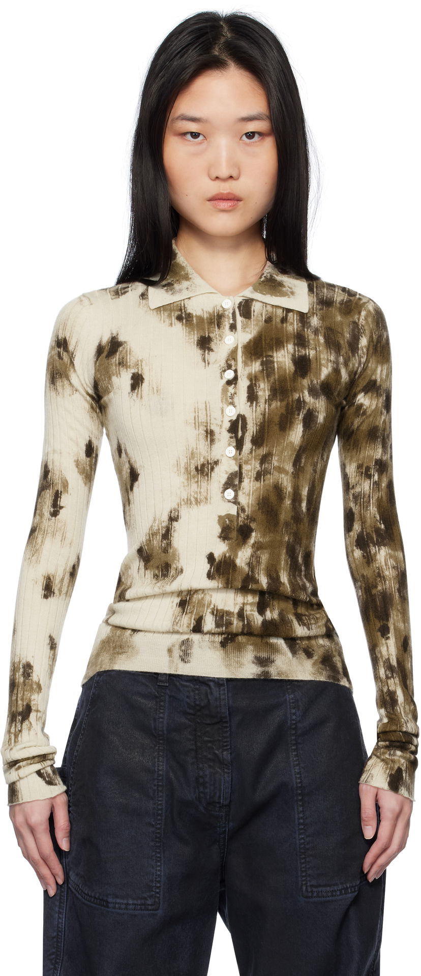 Сорочка поло The Attico The Attico Animal Print Long Sleeve Polo бежевий | 250WCK00112 KWS006PR