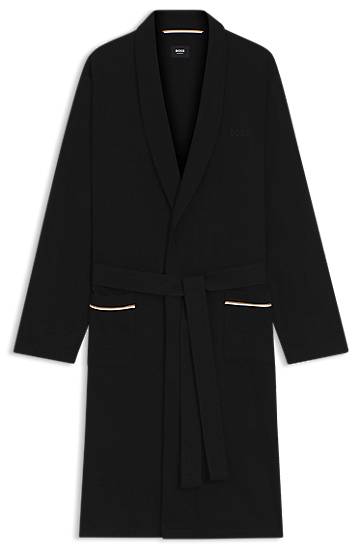 піжами BOSS Cotton jersey dressing gown with shawl collar, tie belt, and contrast-piped pockets чорний | 50545943, 1
