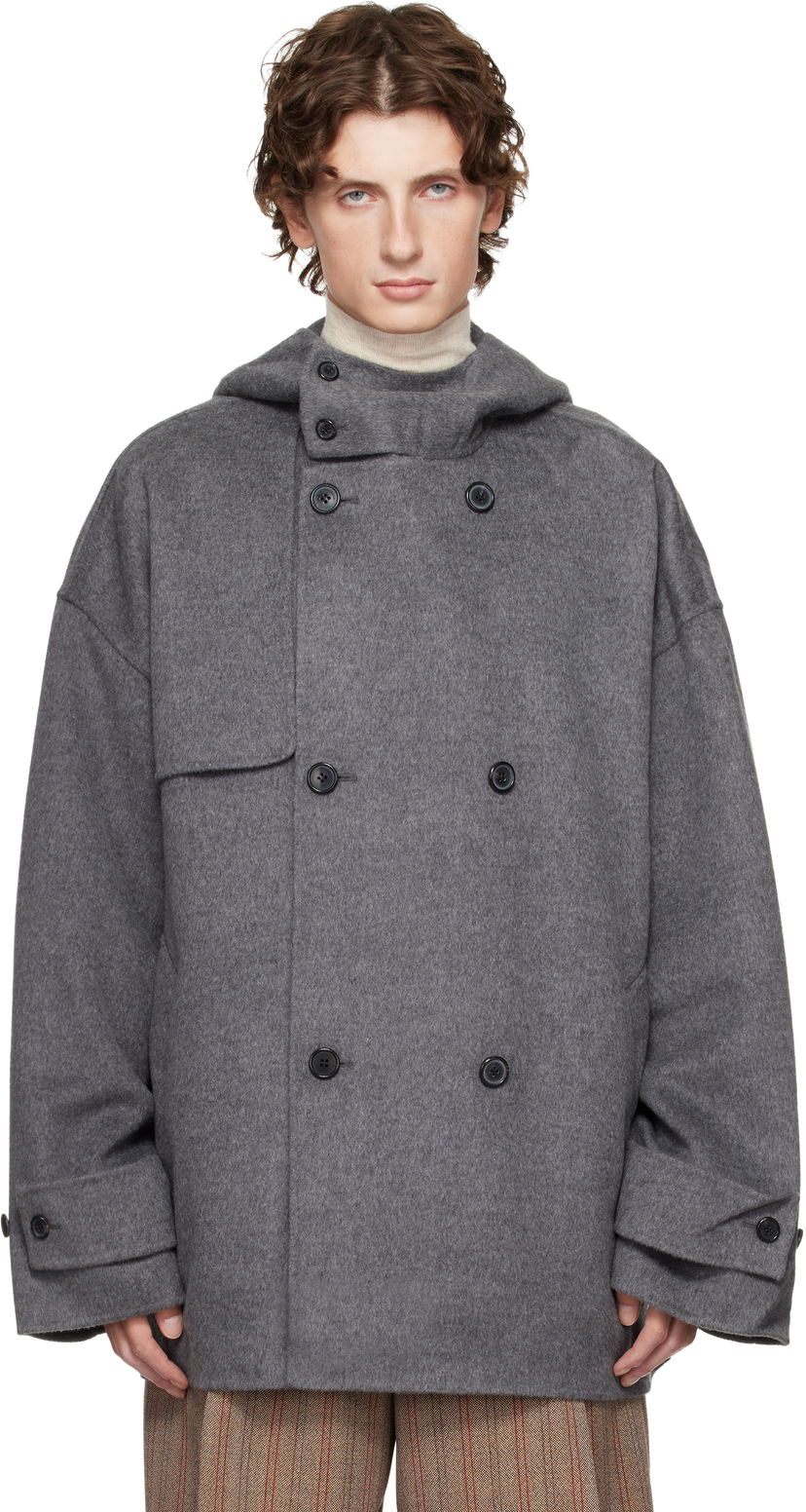 Пальто JW Anderson JW Anderson Oversized Hooded Double-Breasted Felted Peacoat Сірий | CO0342-PG1559
