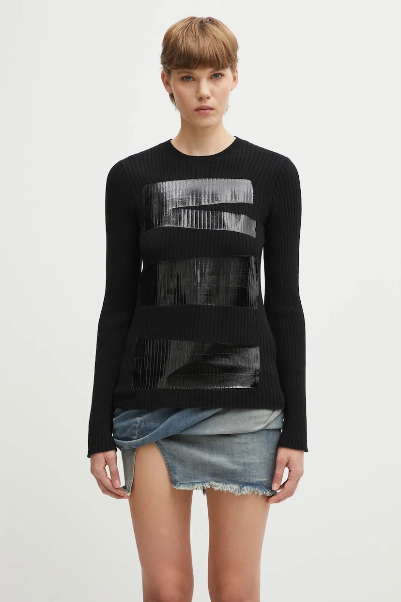 Cветр Maison Margiela MM6 Maison Margiela Ribbed Wool Blend Long-Sleeve Sweater with Shiny Panels чорний | S62HL0041.M13196.900S
