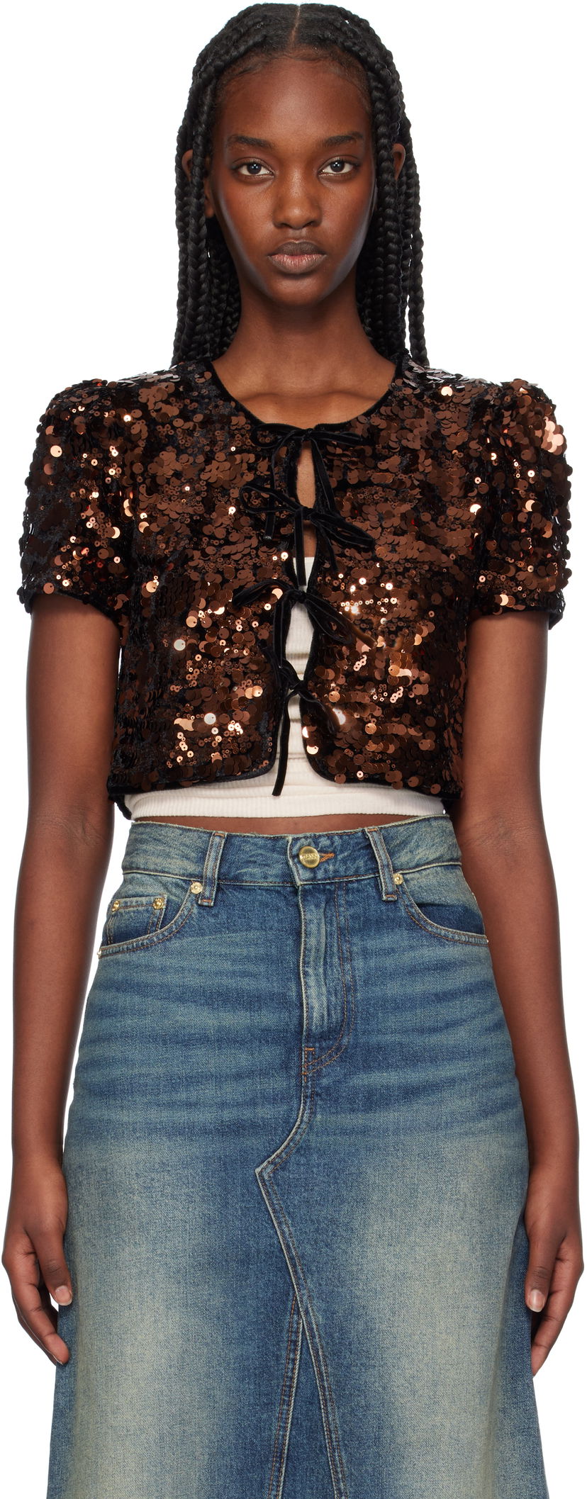 Кроп-топи GANNI Sequin Velvet Tie-Front Blouse Коричневий | T3984