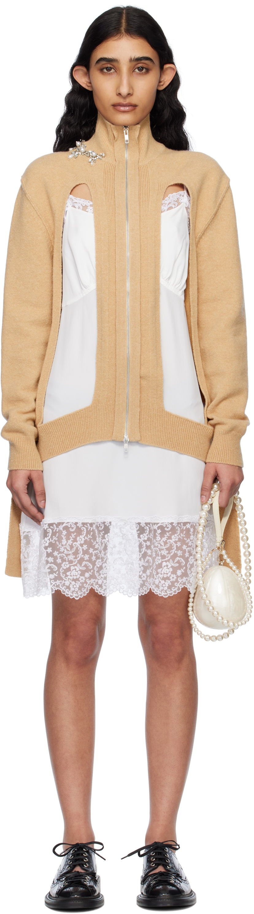 плаття Simone Rocha Simone Rocha Embellished Window Zip Cardigan бежевий | LMK4BW 0660