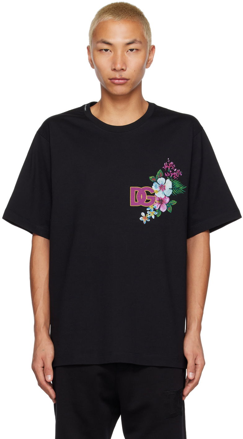 Футболка Dolce & Gabbana Floral Logo Print Black T-Shirt чорний | G8PJ0ZG7HBV