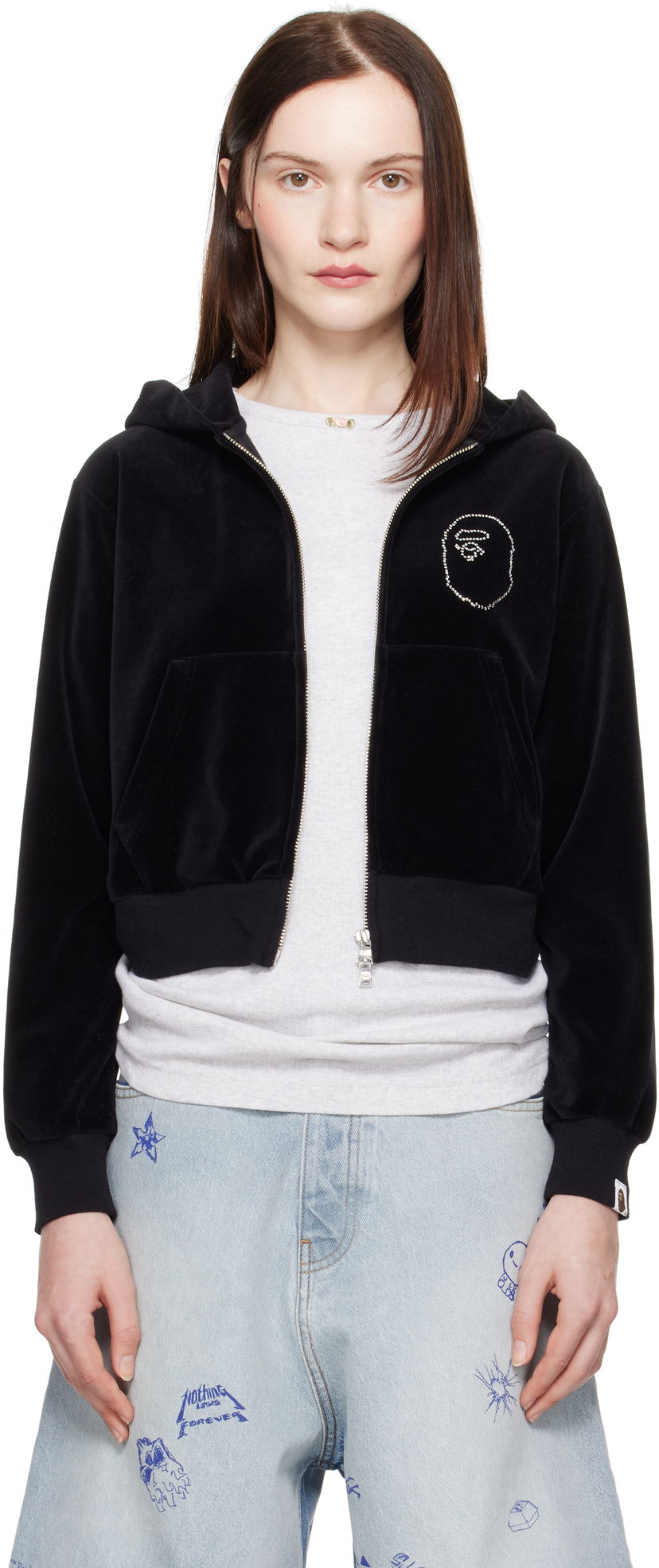 Світшоти BAPE A Bathing Ape Crystal Stone Ape Head Velour Cropped Hoodie чорний | 001ZPK802004L
