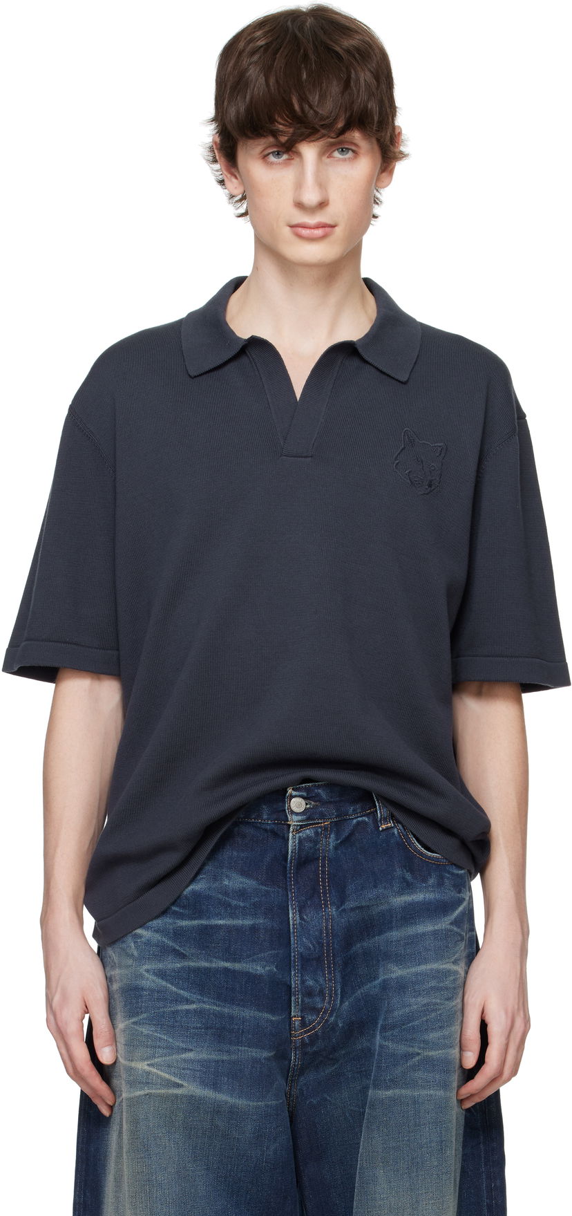 Сорочка поло MAISON KITSUNÉ Maison Kitsuné Fox Head Embroidered Knitted Polo темно-синій | OM00205KT1135