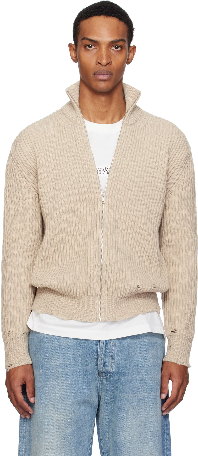 Cветр Maison Margiela MM6 Maison Margiela Ribbed Knit Zip Sweater бежевий | SH0AM0064 M13138