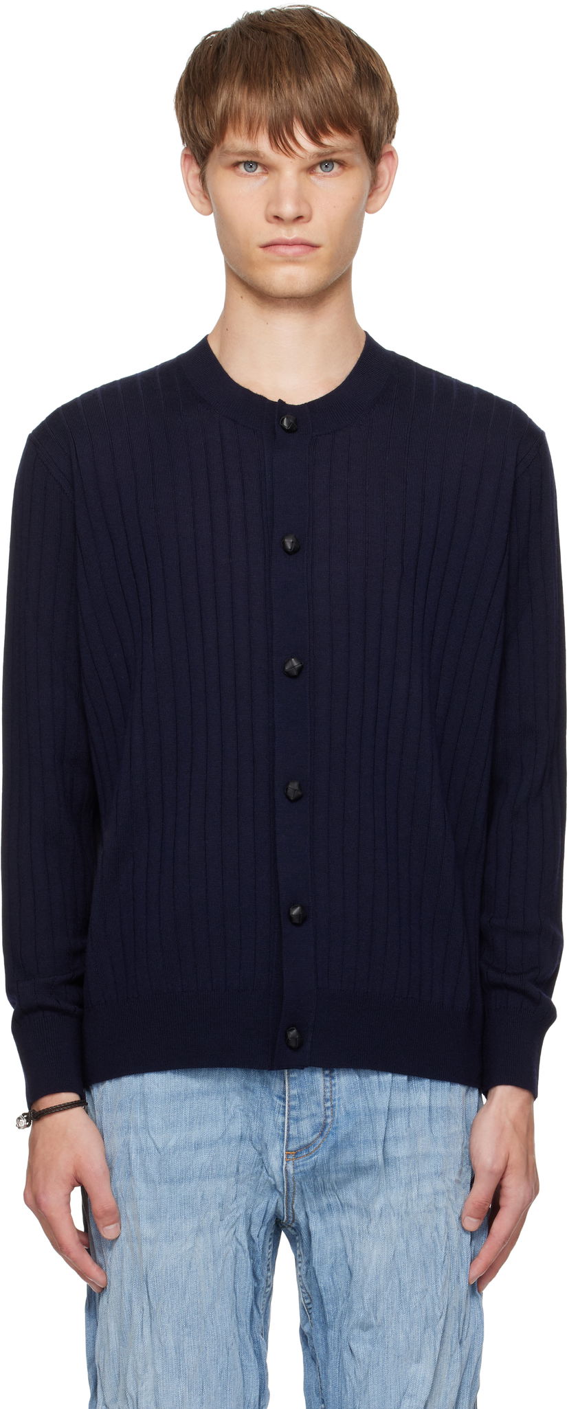 Cветр Bottega Veneta Bottega Veneta Wool Rib Knit Cardigan темно-синій | 838111V5L704140