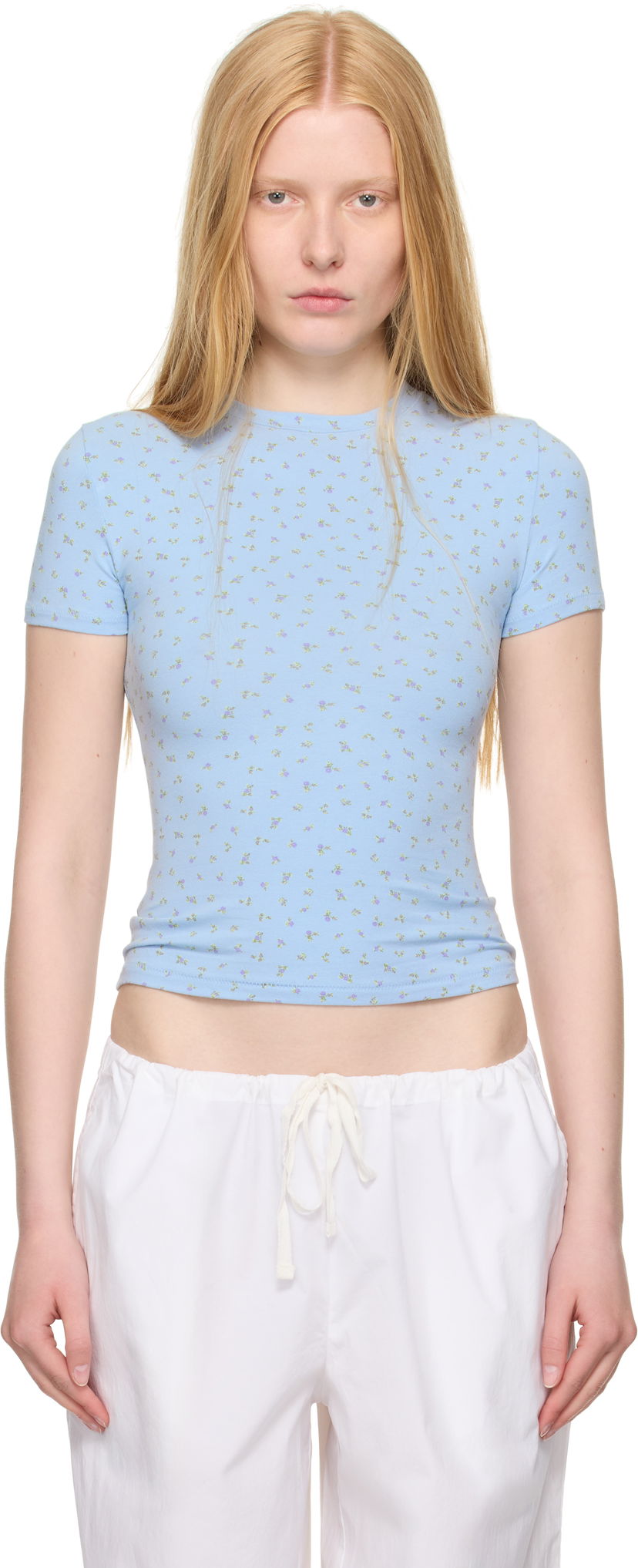 Футболка SKIMS SKIMS Cotton Jersey T-Shirt with Floral Print Синій | SS-STT-9004W