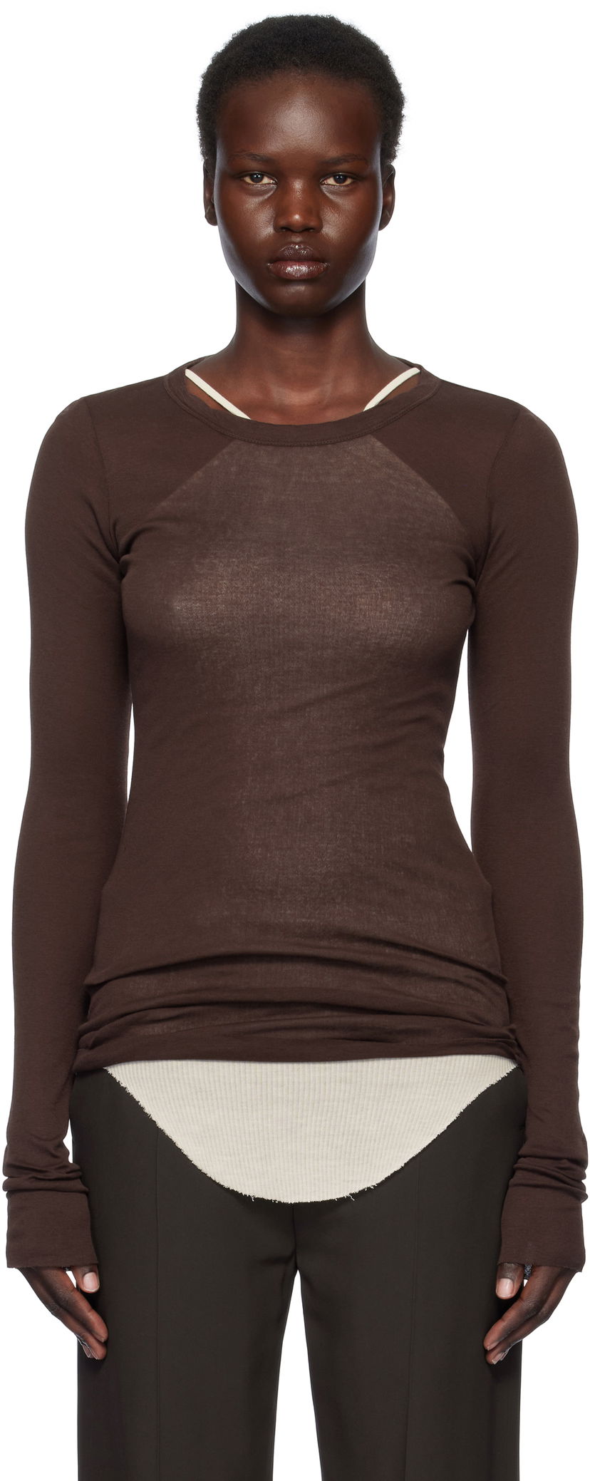 Cветр Rick Owens Rick Owens Hollywood Rib Long Sleeve T-Shirt Коричневий | RP01E7202 MR