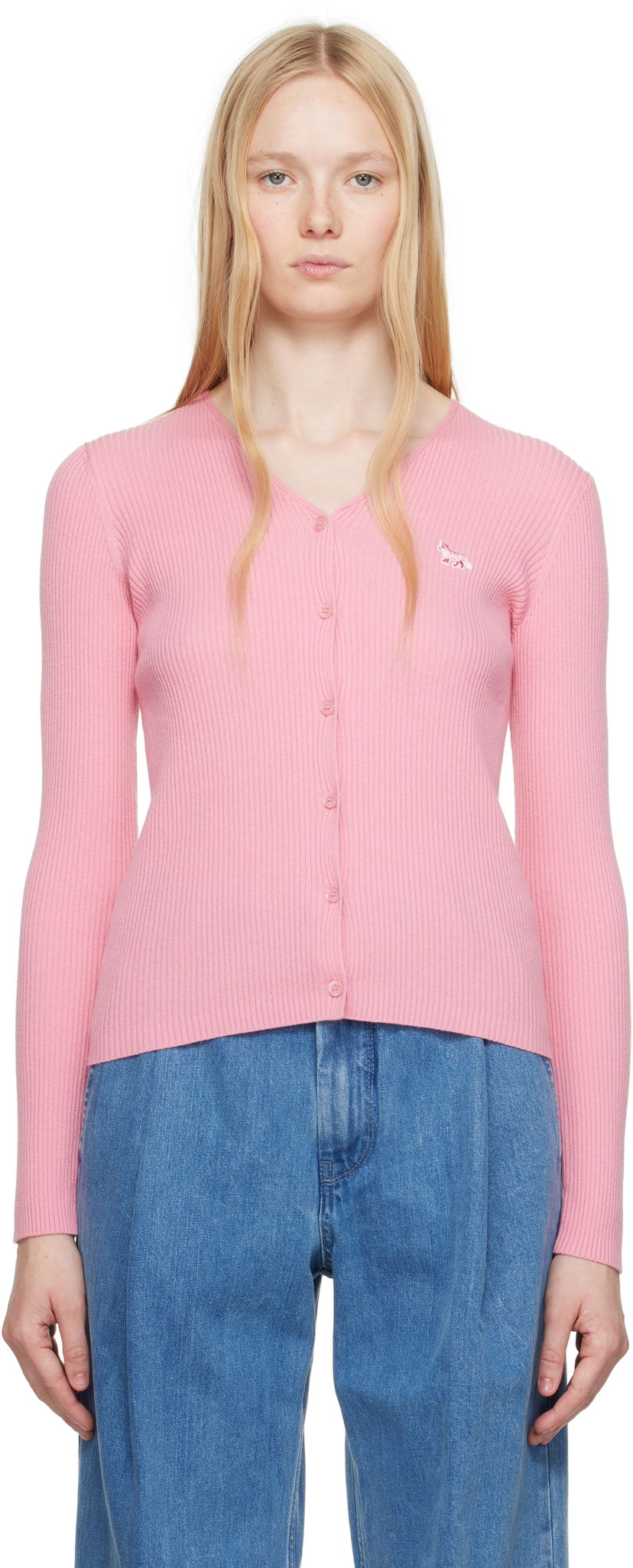Cветр MAISON KITSUNÉ Maison Kitsuné Baby Fox Patch Fine Ribbed Cardigan Рожевий | OW00501KT1091