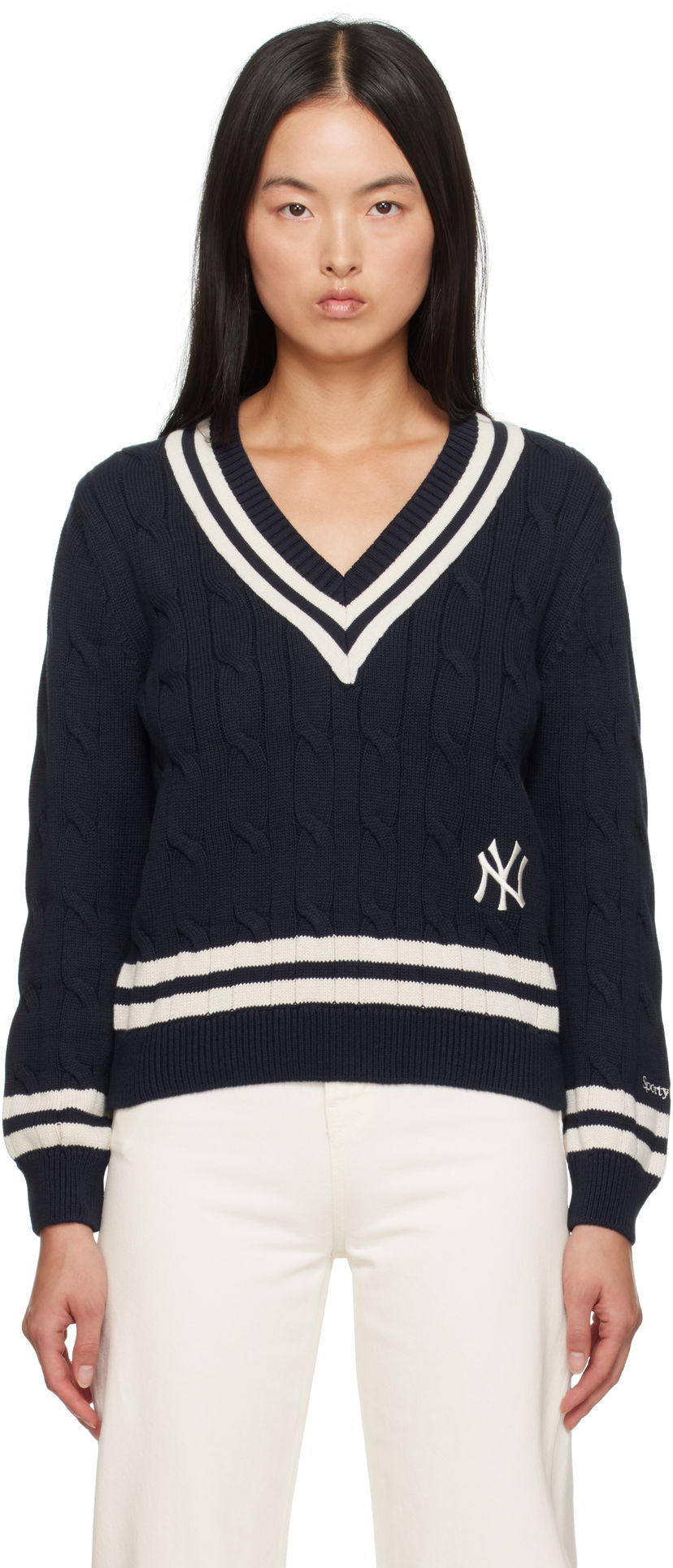 Cветр Sporty & Rich '47 Edition Yankees Serif Cable Knit Sweater темно-синій | WS011505631BL32