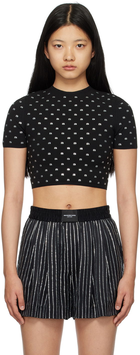 Кроп-топи Alexander Wang Alexander Wang Cropped Crystal T-Shirt чорний | 1KC1231052