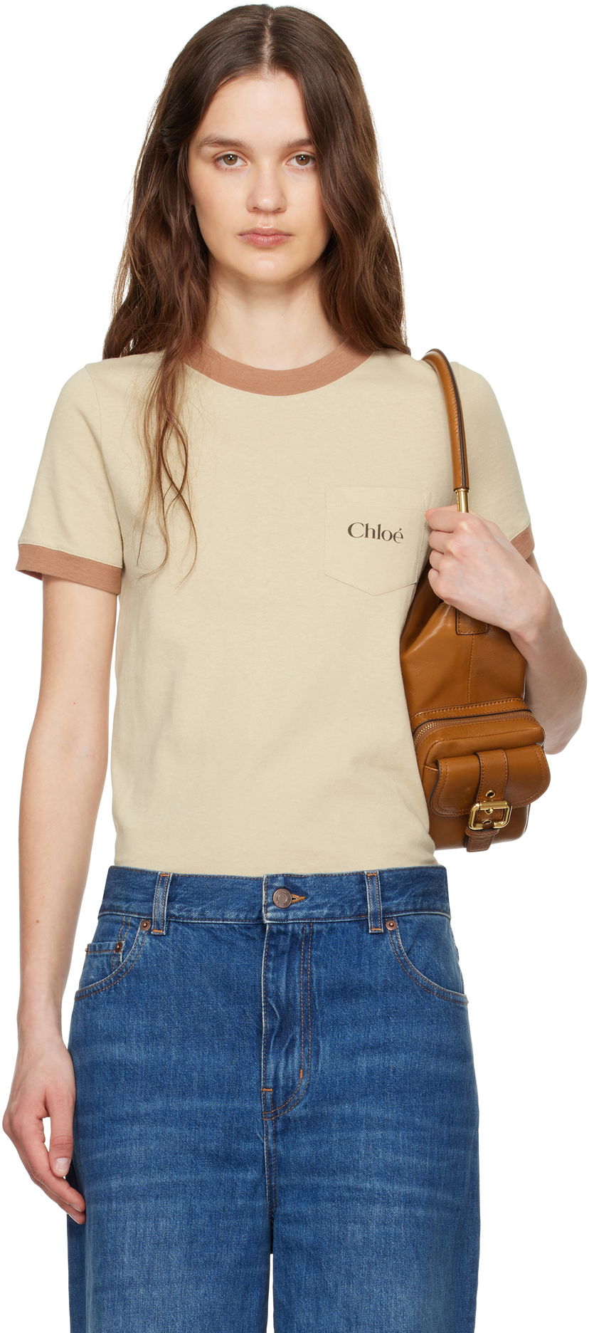 Футболка CHLOÉ Chloé Crew Neck Logo Pocket T-Shirt бежевий | CH25UJH04187