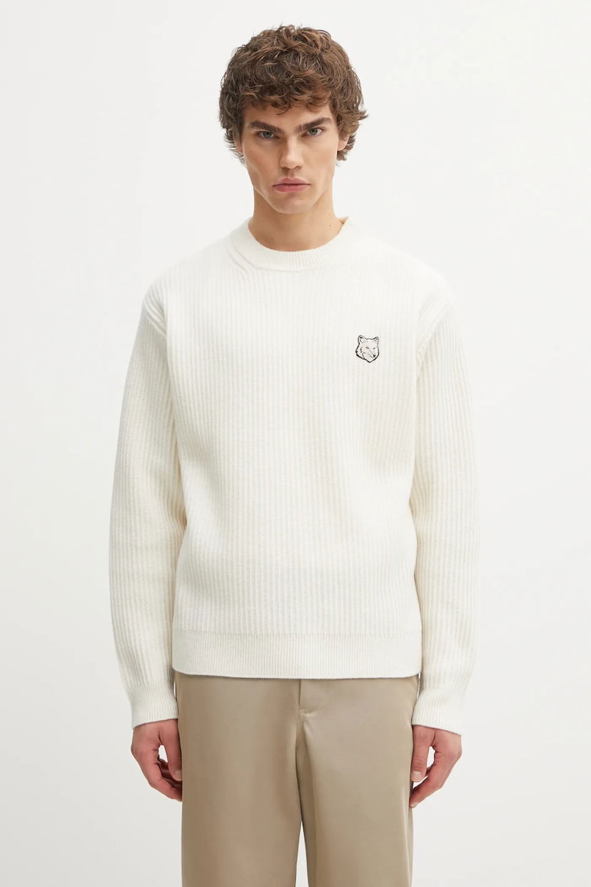 Cветр MAISON KITSUNÉ Fox Head Wool Ribbed Sweater білий | PM00811KT1149