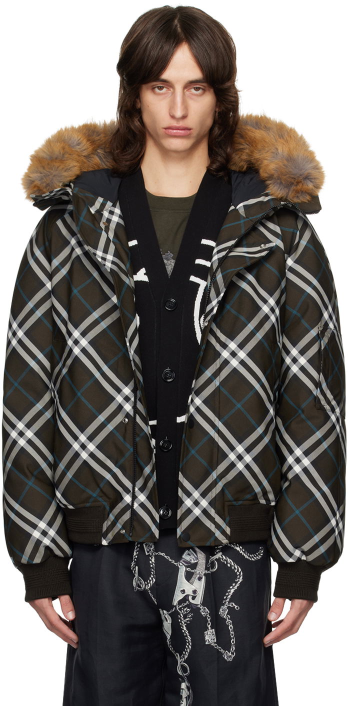 Куртка бомбер Burberry Faux-Fur Trim Check Down Bomber Jacket Коричневий | 8091594