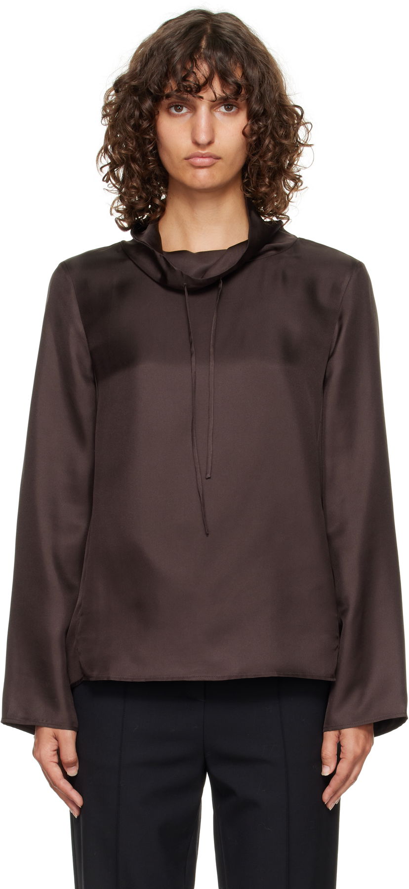 Сорочка Loulou de Saison Loulou de Saison Cyna Silk Cowl Neck Blouse Коричневий | CYNA
