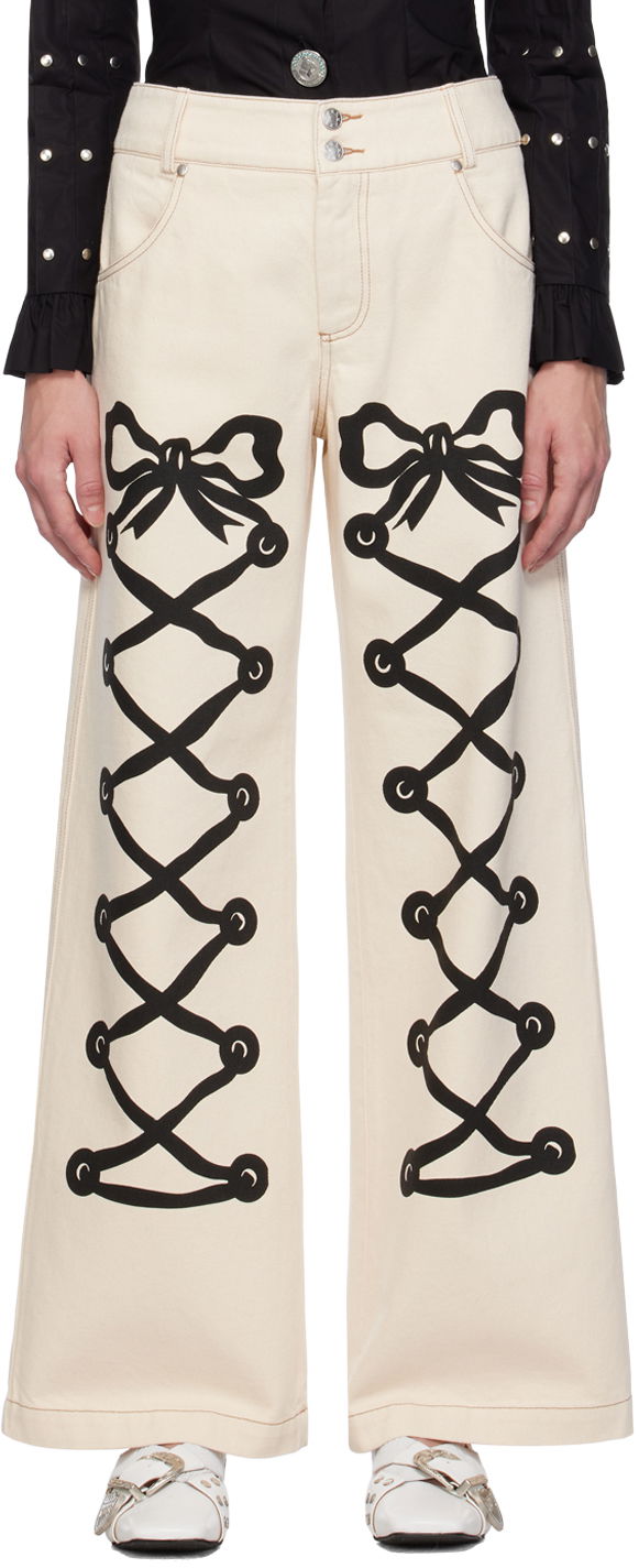 Джинси Chopova Lowena Chopova Lowena Ribbon Print Wide Leg Jeans бежевий | 4061