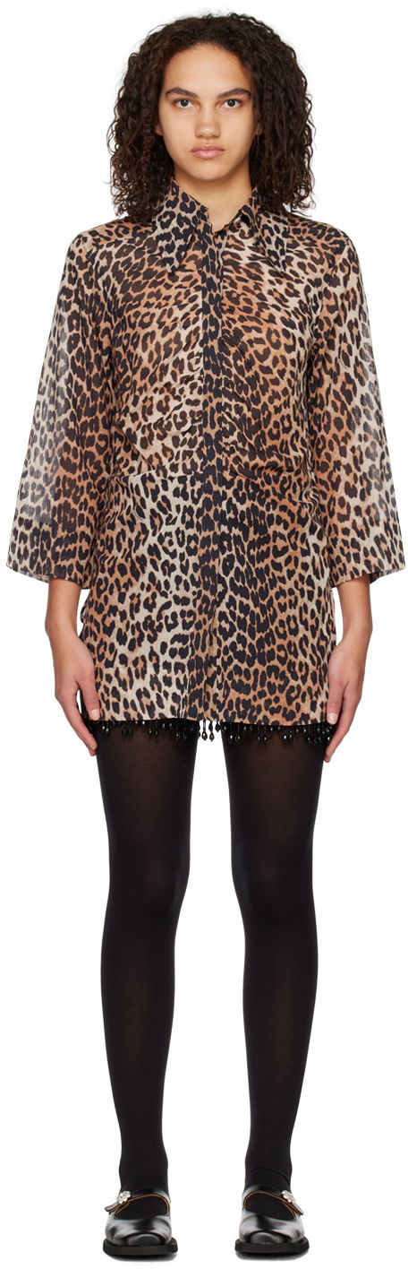 плаття GANNI GANNI Leopard Print Mini Dress with Beaded Trim Коричневий | F6956