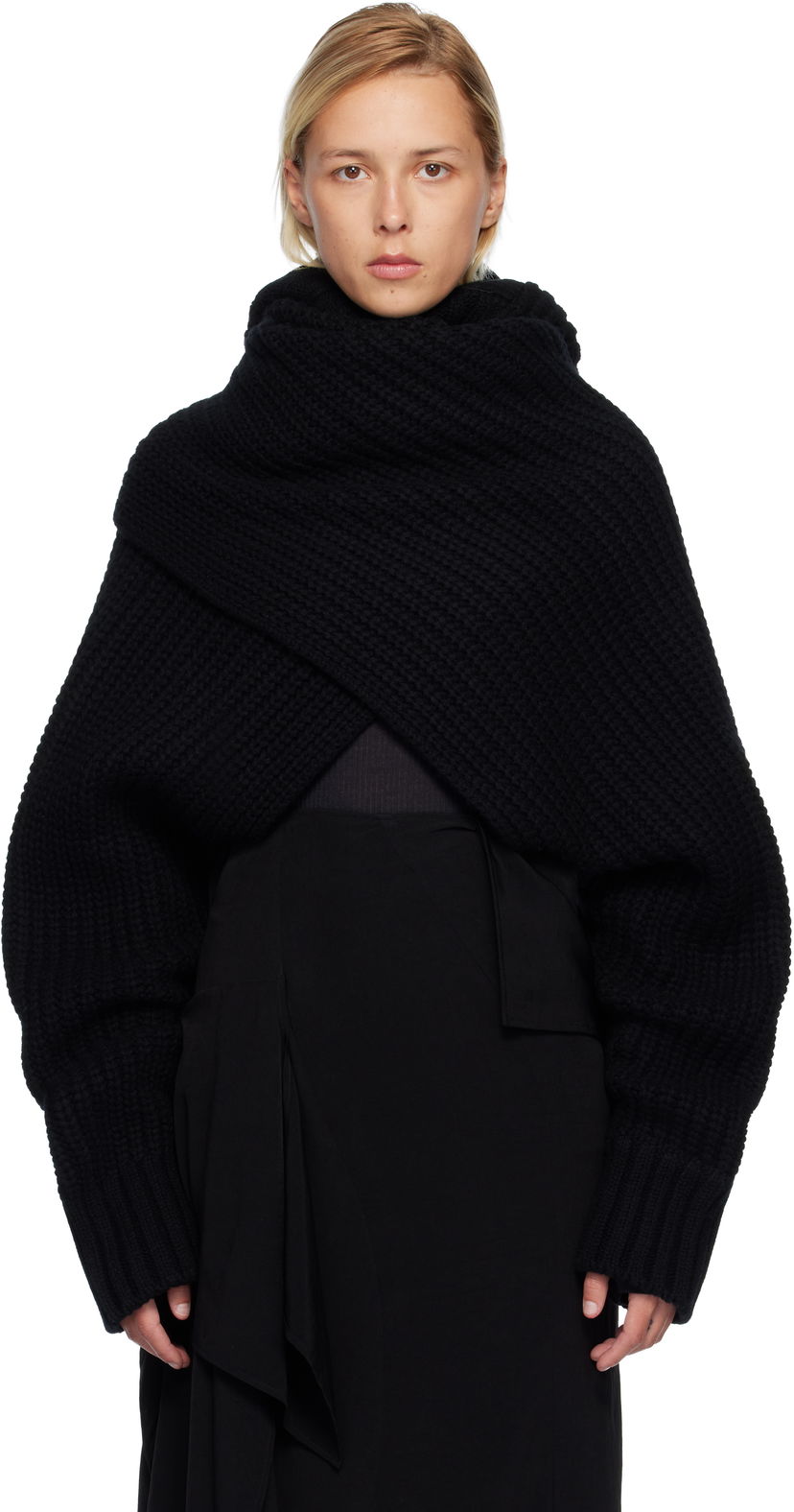 Cветр sacai Oversized Wool Knit Crossover Turtleneck чорний | 25-08201