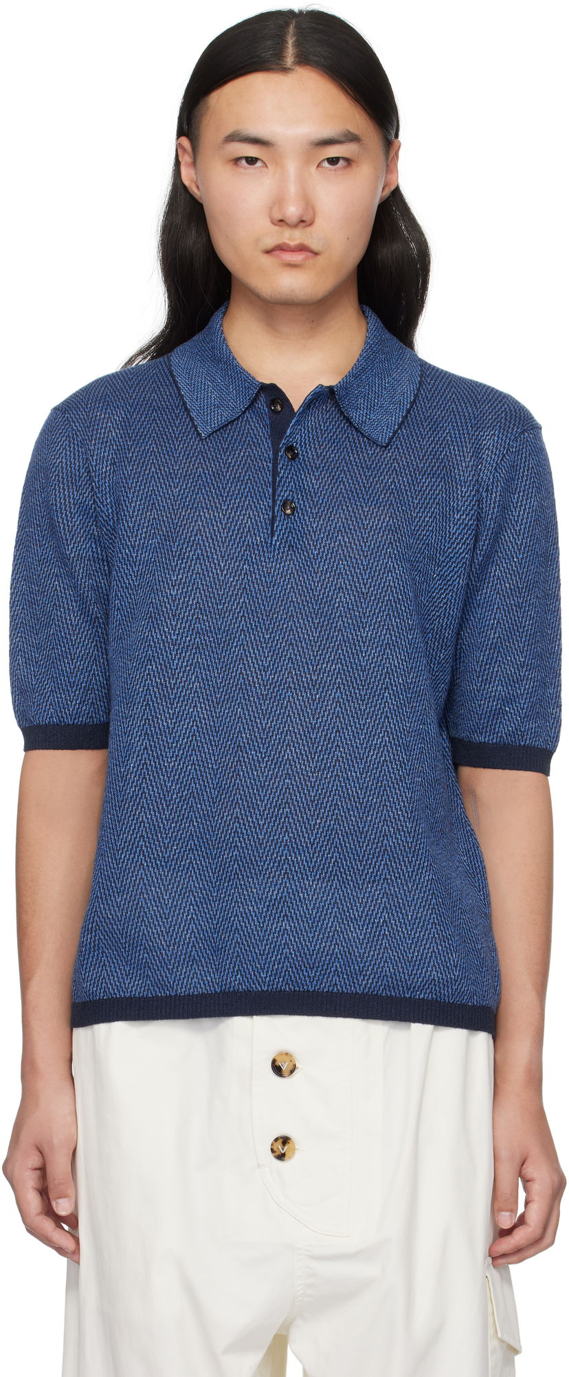 Сорочка поло Bottega Veneta Bottega Veneta Chevron Knit Linen Polo Синій | 809716V4VW04443