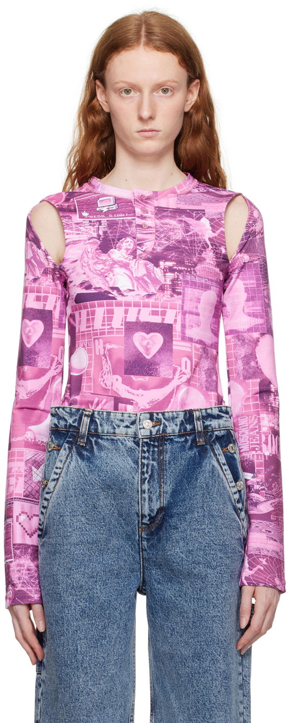 Боді Moschino Graphic Print Cut-Out Long Sleeve Bodysuit Рожевий | 1101 8254