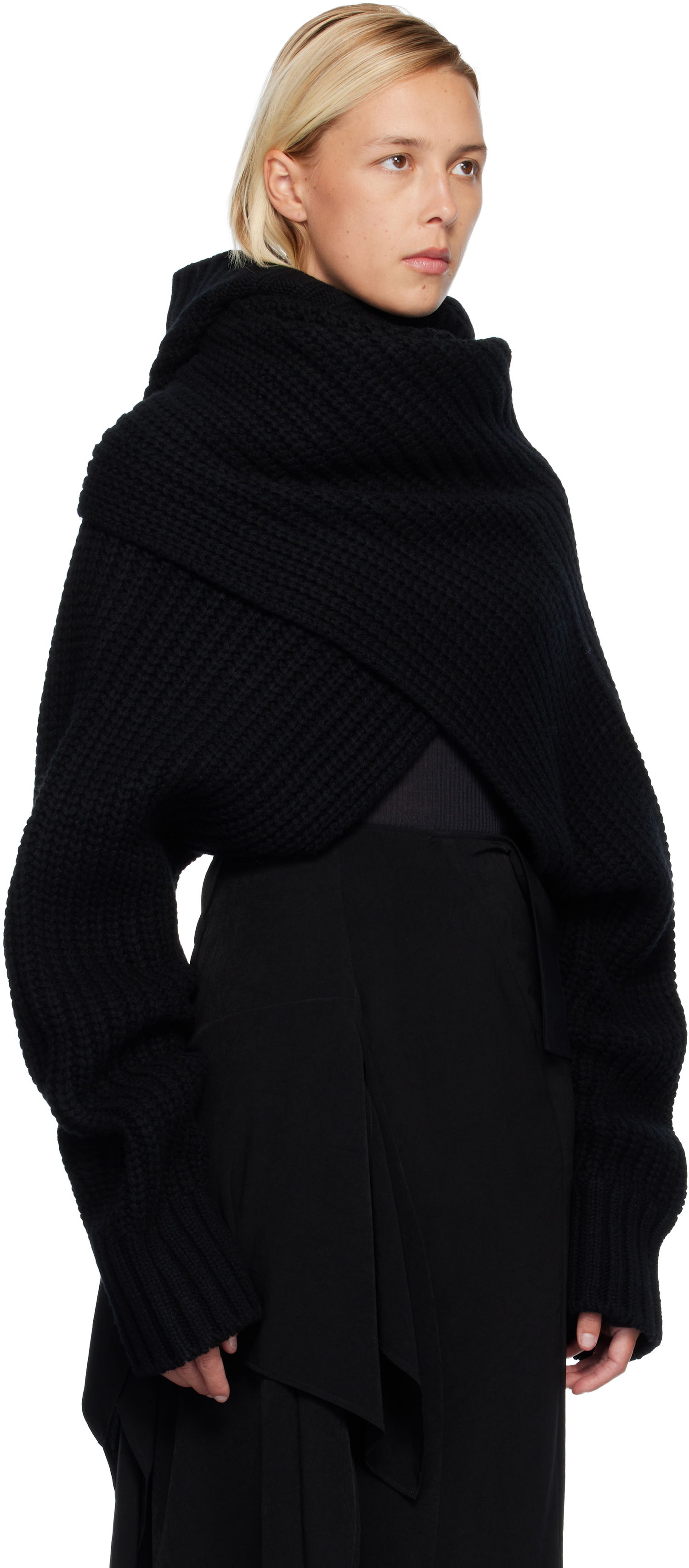 Cветр sacai Oversized Wool Knit Crossover Turtleneck чорний | 25-08201, 1
