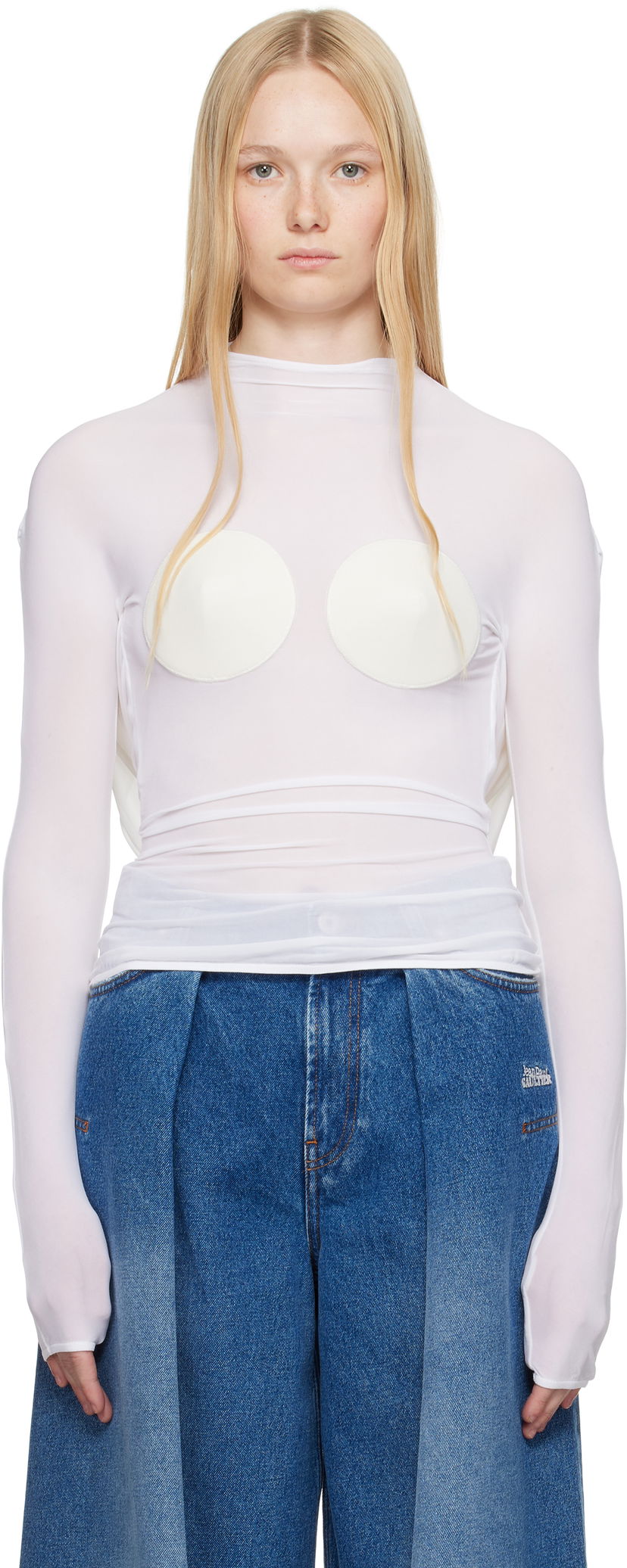 Футболка Jean Paul Gaultier Jean Paul Gaultier 'The Backless Conical' Sheer Top білий | 25/34-F-TO279-J082-1103
