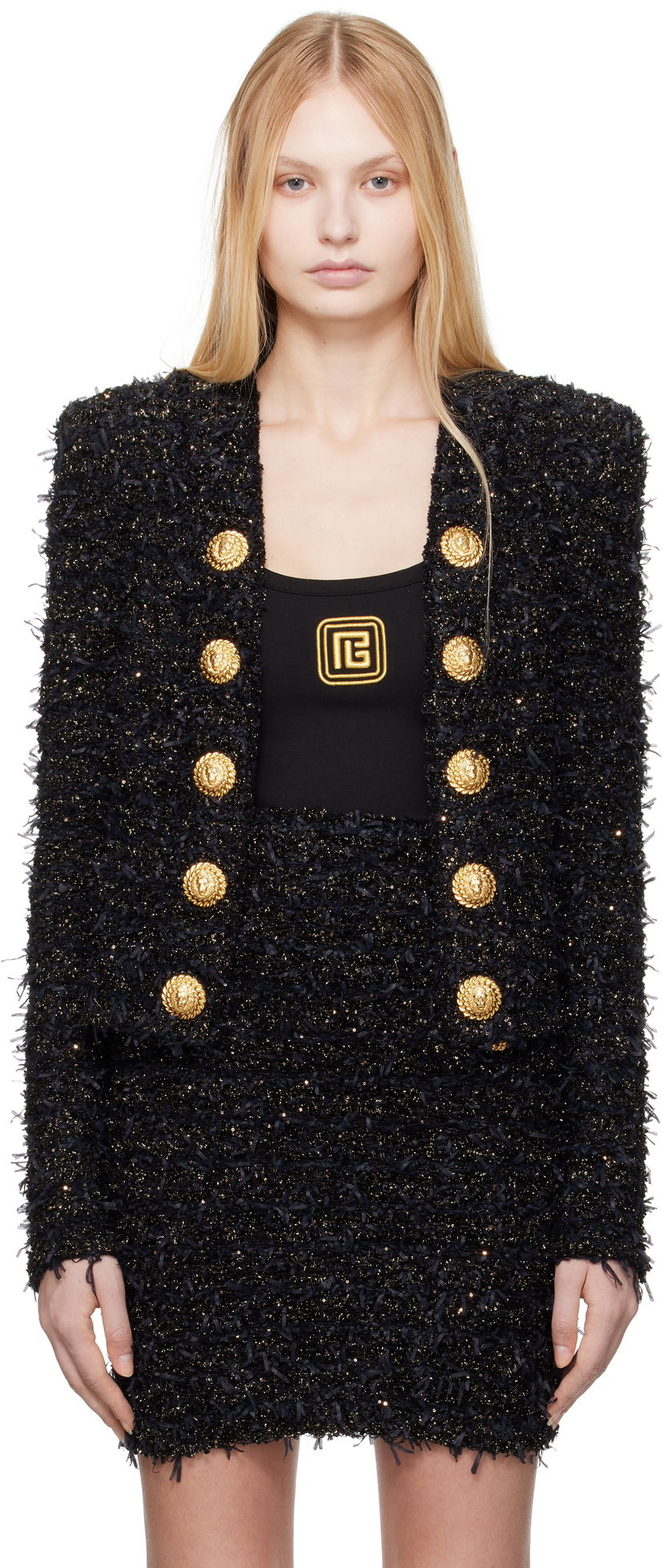 Куртка Balmain Balmain Tweed Jacket with Gold-Tone Buttons чорний | EF1SK048KB19