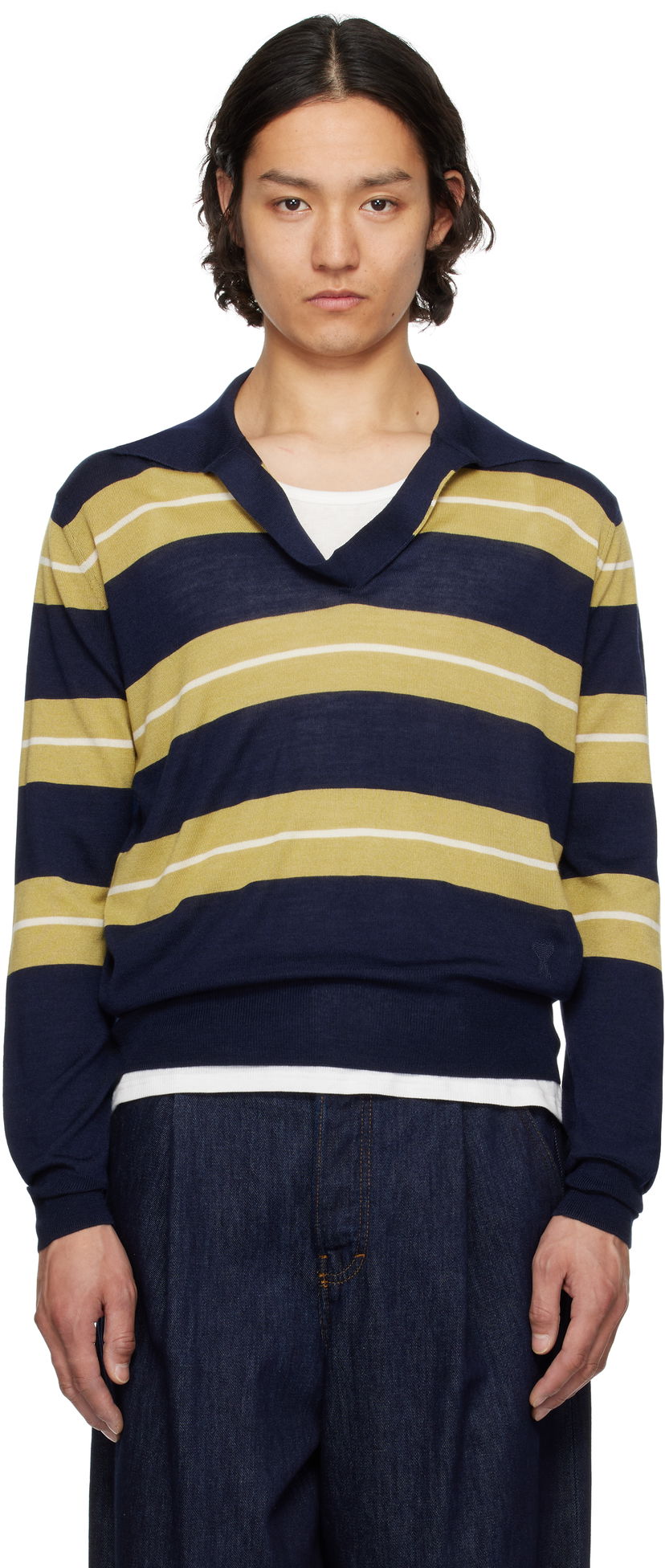 Cветр AMI AMI Paris Wool Silk Striped Polo темно-синій | HPL376.KN0079